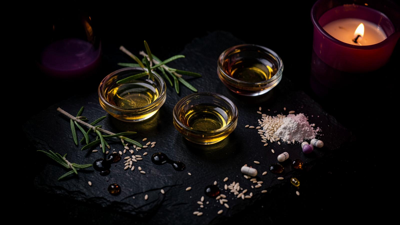 Botanical ingredients in Aveya Hair Growth Spray: batana oil, rosemary, castor oil, biotin and hydrolyzed rice protein